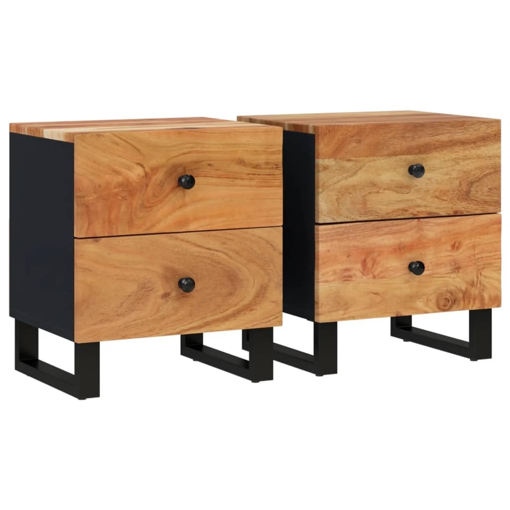 vidaXL Acacia Wood Bedside Cabinets, Set of 2, Black Iron Frame - Industrial Styled, Solid Wood Nightstands with Unique Grain Variations - Size: 15.7"x13"x18.1"